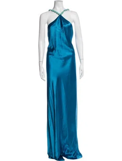 Pre-owned Staud Halterneck Long Dress In Blue