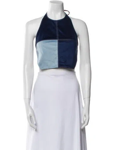 Pre-owned Staud Halterneck Sleeveless Crop Top In Blue
