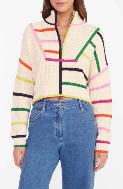 Staud Hampton Half Zip Crop Jumper In Cream Rainbow Multi