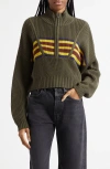 Staud Hampton Stripe Half Zip Crop Sweater In Green