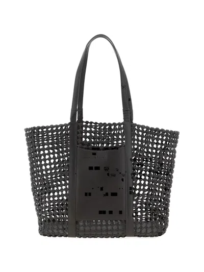 Staud Hand-woven Embossed Logo Getaway Shopping Bag In Black