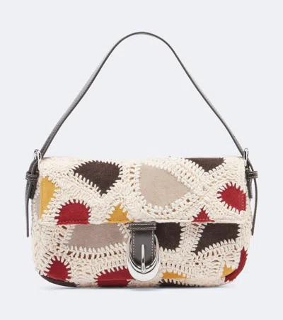 Staud Harlow Small Suede And Crochet Shoulder Bag In White