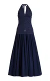 Staud Harrington Stretch Cotton Halter Maxi Dress In Navy