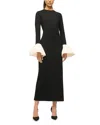 Staud Hawthorne Contrast Ruffle Long Sleeve Sheath Gown In Black/ivory