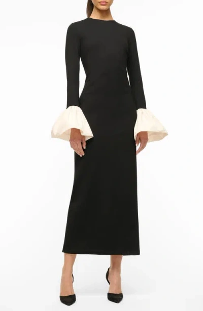 Staud Hawthorne Contrast Ruffle Long Sleeve Sheath Gown In Black/ivory
