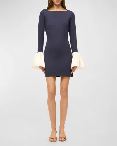 Staud Hawthorne Peplum-cuff Boat-neck Mini Cocktail Dress In Blue