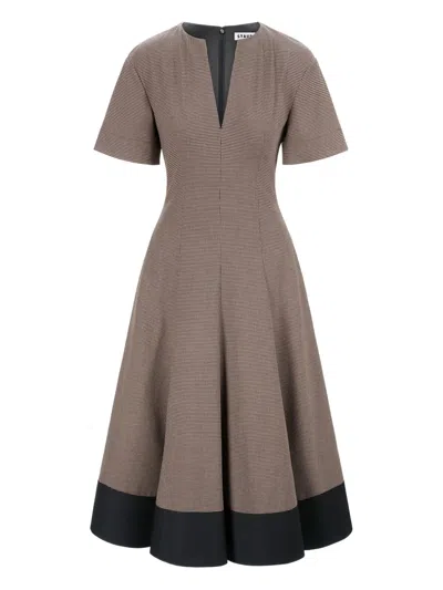 Staud Houndstooth-neck V-neck Midi Dresss In Brown