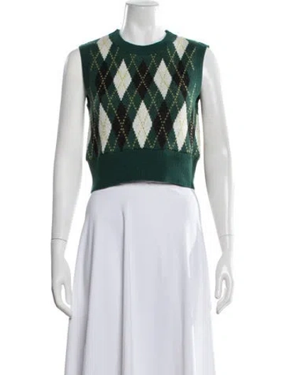 Pre-owned Staud Houndstooth Print Crew Neck Sweater In Green