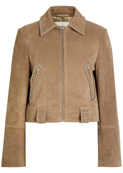 Staud Hugo Stud-embellished Suede Jacket In Beige