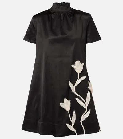 Staud Ilana Floral-appliqué Satin Minidress In Black