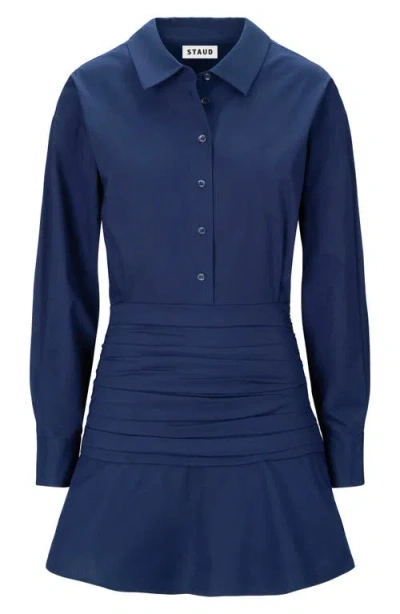 Staud Indya Long Sleeve Stretch Cotton Mini Shirtdress In Blue