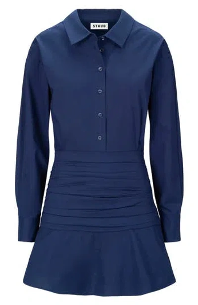 Staud Indya Long Sleeve Stretch Cotton Mini Shirtdress In Blue