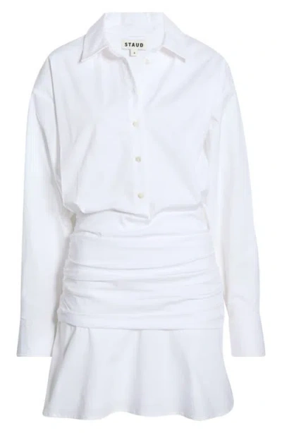 Staud Indya Long Sleeve Stretch Cotton Mini Shirtdress In White
