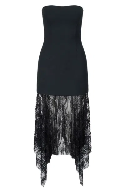 Staud Jolie Strapless Sequin Mesh Hem Midi Dress In Black