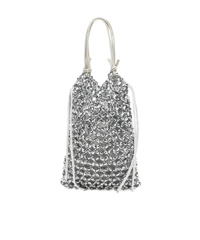 Staud Karla Beaded-mesh Drawstring Tote Bag In Metallic