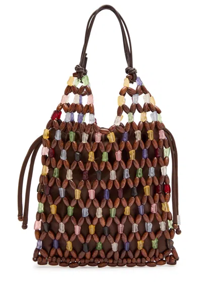 Staud Karla Leather And Wooden-bead Top Handle Bag In Brown