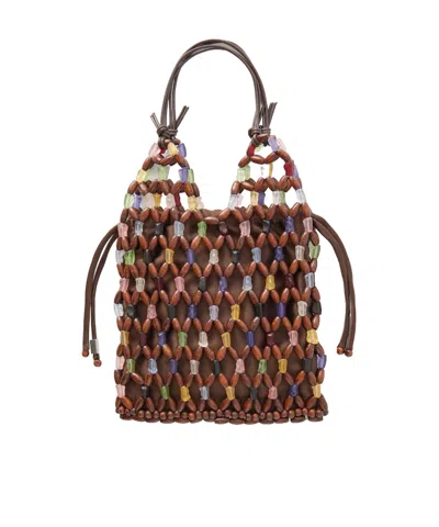 Staud Kelly Leather-trimmed Beaded Wood And Glass Satin Tote In Multi