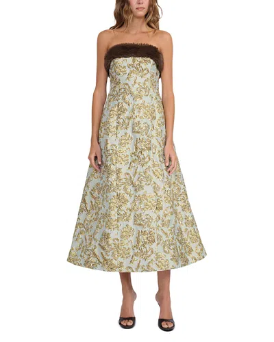 Staud Kennedy Faux Fur Trim Midi Dress In Green