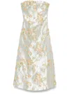 Staud Kennedy Strapless Gathered Metallic Brocade Midi Dress