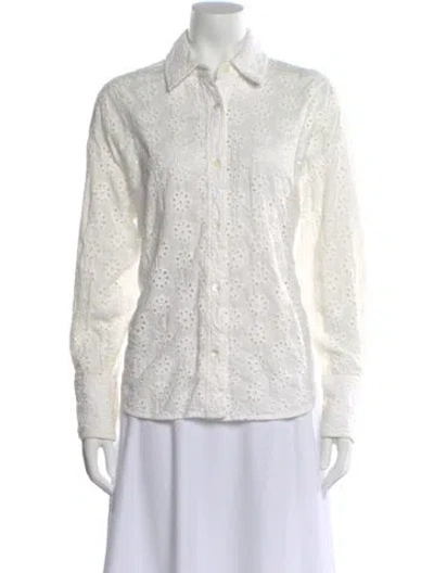 Pre-owned Staud Lace Pattern Long Sleeve Button-up Top In White