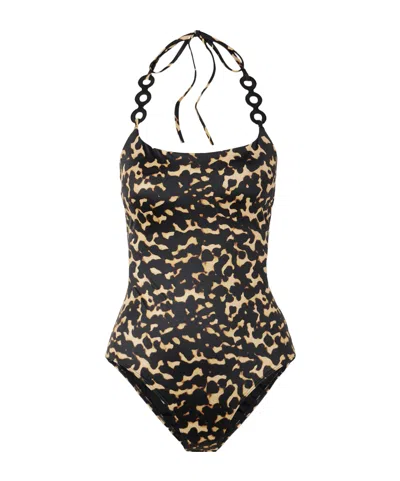 Staud Laird Embellished Printed Backless Swimsuit In Black