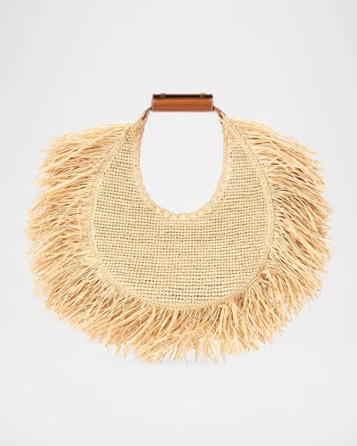 STAUD LARGE MOON FRINGE RAFFIA SHOULDER BAG