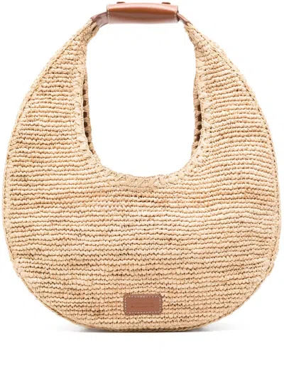 Staud Large Moon Raffia Shoulder Bag In Neutrals