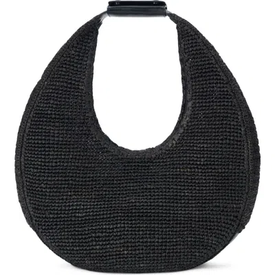Staud Large Raffia Moon Shoulder Bag In Black