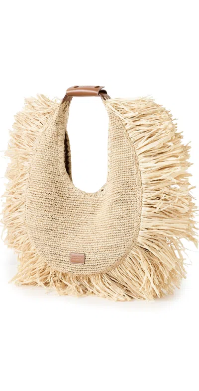 STAUD LARGE RAFFIA MOON TOTE BAG NATURAL FRINGE