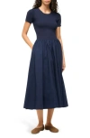 Staud Ysabel Ribbed-knit And Cotton-blend Poplin Midi Dress In Navy