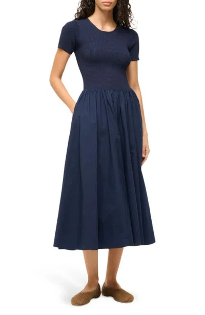 Staud Ysabel Ribbed-knit And Cotton-blend Poplin Midi Dress In Navy
