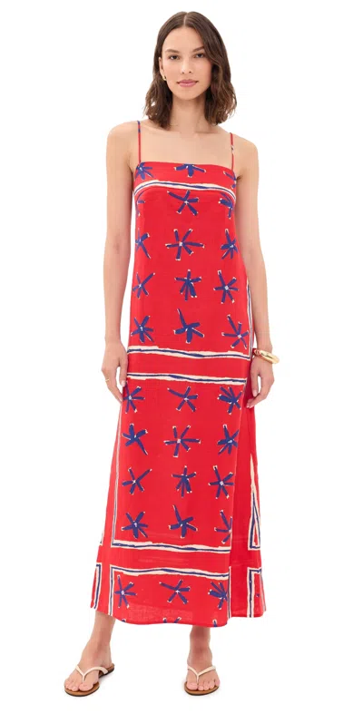 Staud Laura Linen Dress Painted Foulard In Red