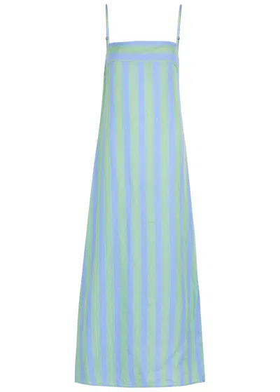 Staud Laura Striped Linen Midi Dress In Blue