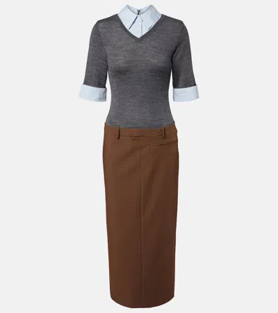 Staud Geo Layered Cotton-blend Poplin-trimmed Twill And Wool-blend Midi Dress In Brown