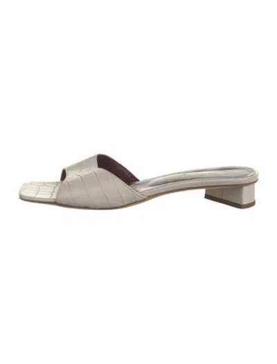 Pre-owned Staud Leather Animal Print Slides In Grey