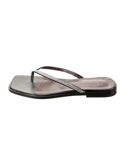 Pre-owned Staud Leather Crystal Embellishments Flip Flops In Gray