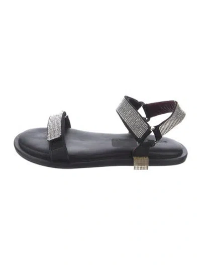 Pre-owned Staud Leather Crystal Embellishments Slingback Flats In Black