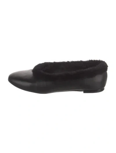 Pre-owned Staud Leather Faux Fur Trim Flats In Black