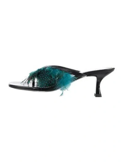 Pre-owned Staud Leather Feather Trim Slides In Green