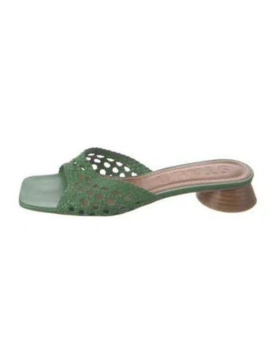 Pre-owned Staud Leather Patterned Slides In Green