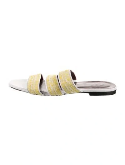 Pre-owned Staud Leather Tweed Pattern Slides In White