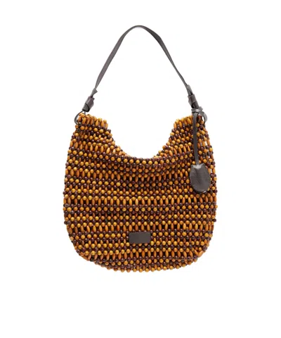 Staud Leather-trimmed Beaded Wood Shoulder Bag In Purple