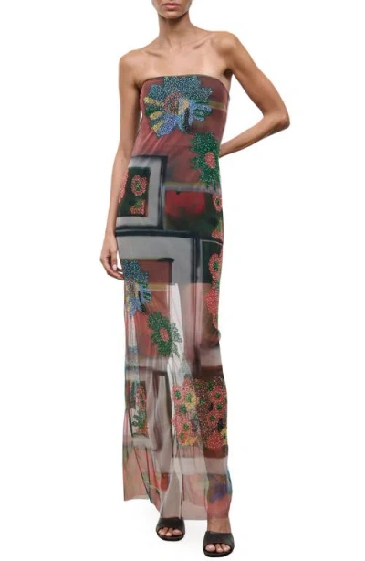 Staud Lilian Floral Bead Detail Strapless Mesh Maxi Dress In Multi