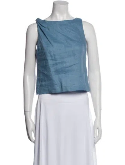 Pre-owned Staud Linen Bateau Neckline Crop Top In Blue