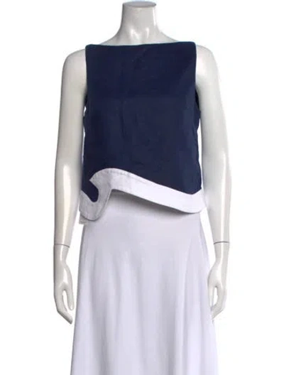 Pre-owned Staud Linen Bateau Neckline Top In Blue