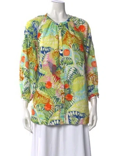 Pre-owned Staud Linen Floral Print Blouse In Green