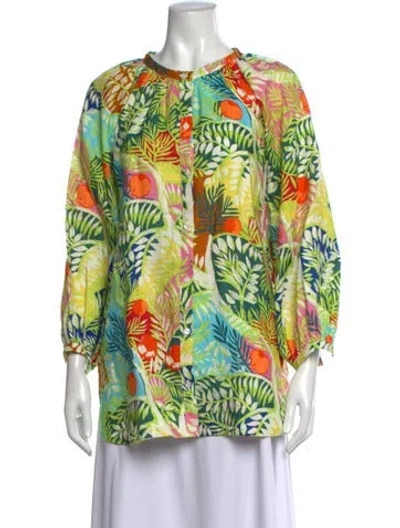 Pre-owned Staud Linen Floral Print Blouse In Green
