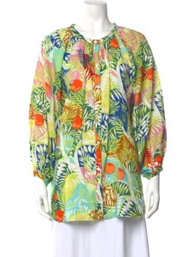 Pre-owned Staud Linen Floral Print Blouse In Green