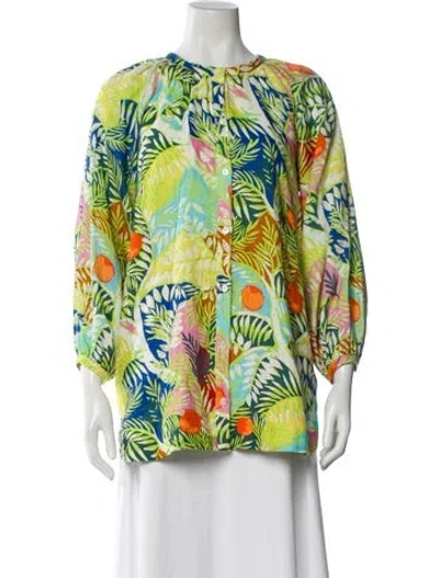 Pre-owned Staud Linen Floral Print Blouse W/ Tags In Green