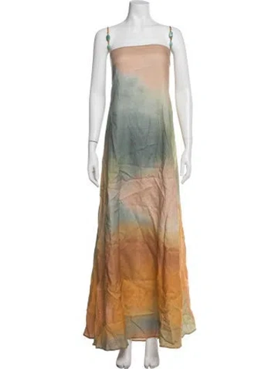 Pre-owned Staud Linen Long Dress In Green/neutrals